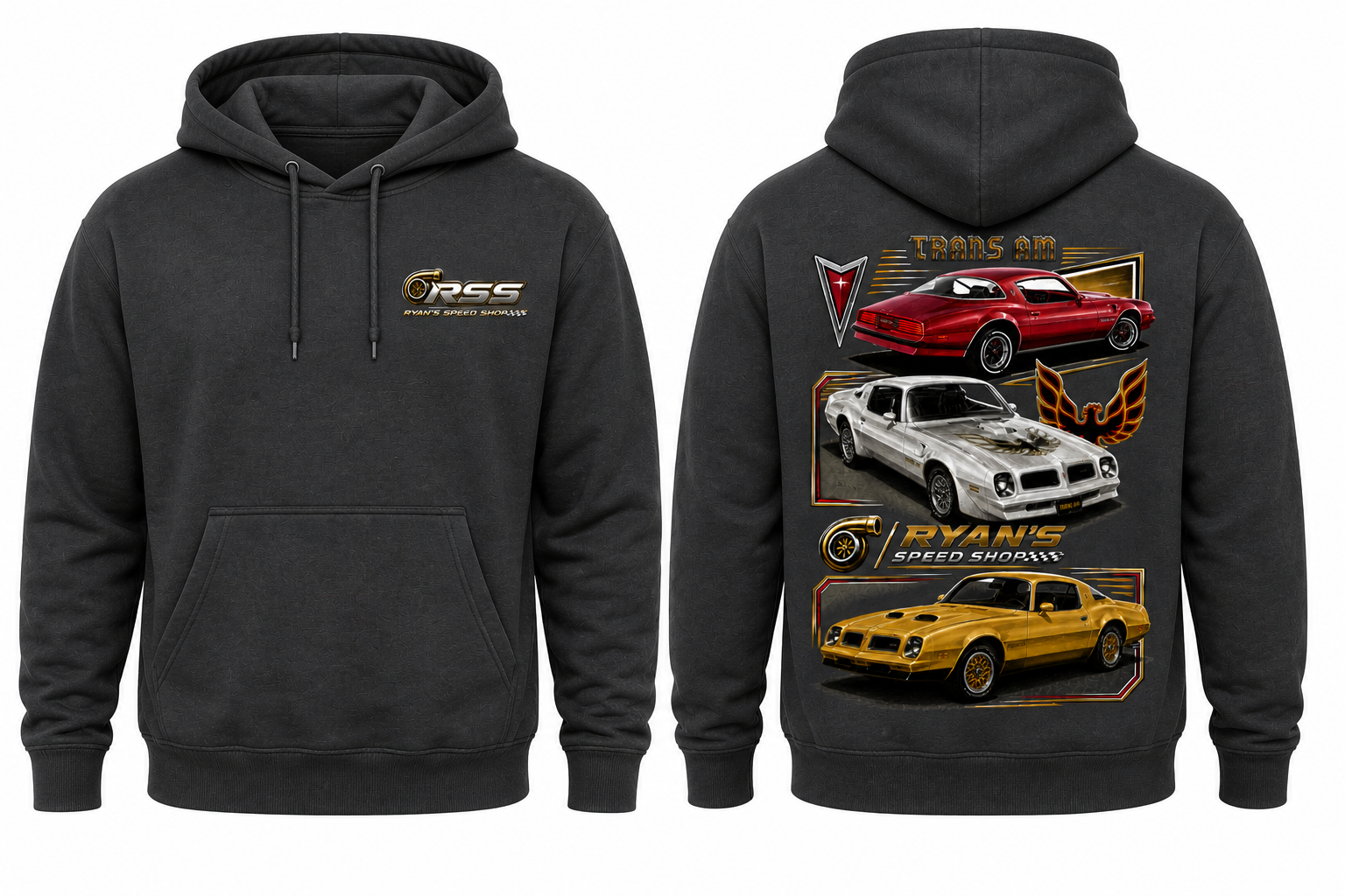 Trans Am Hoodie — Washed Charcoal, three classic Trans Ams on the back