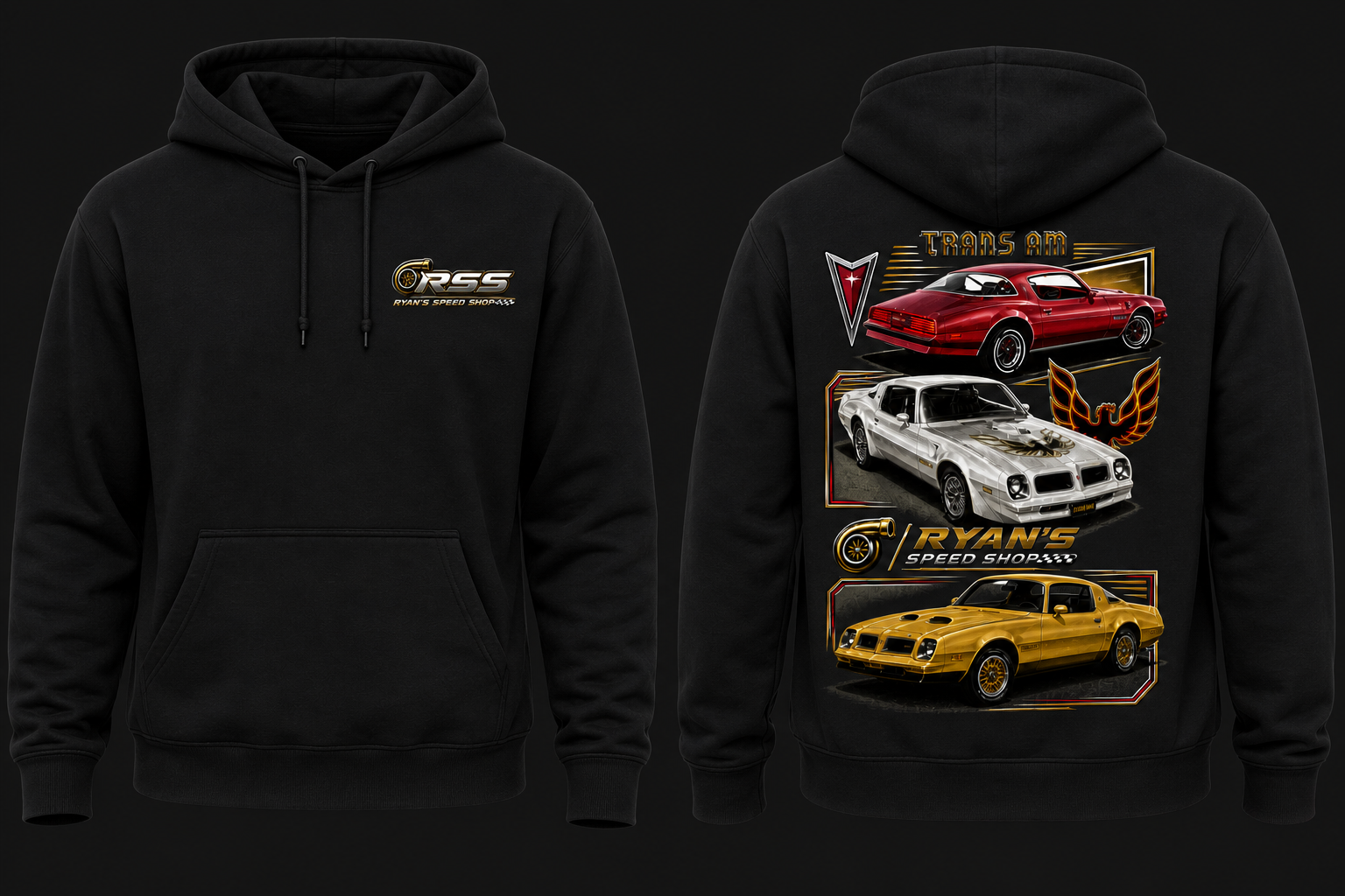 Trans Am Hoodie — Black, three classic Trans Ams on the back