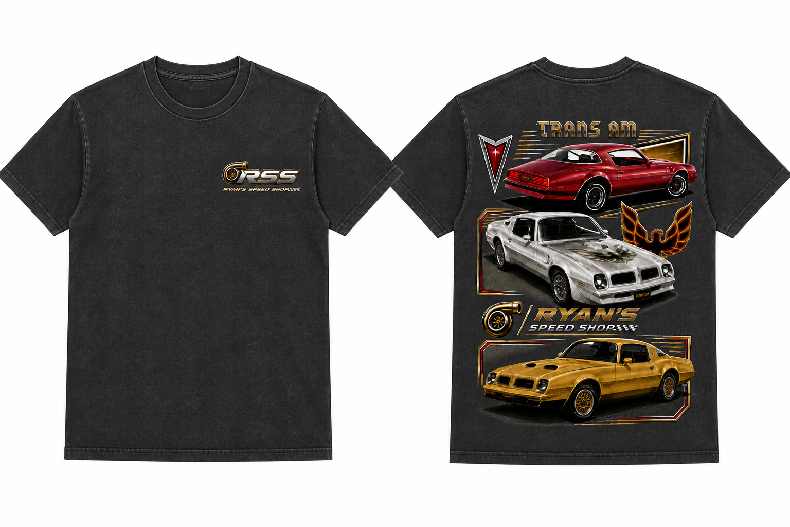 Trans Am Tee — Washed Charcoal, three classic Trans Ams on the back
