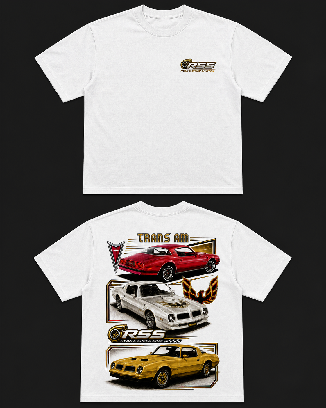 Trans Am Tee — White, three classic Trans Ams on the back